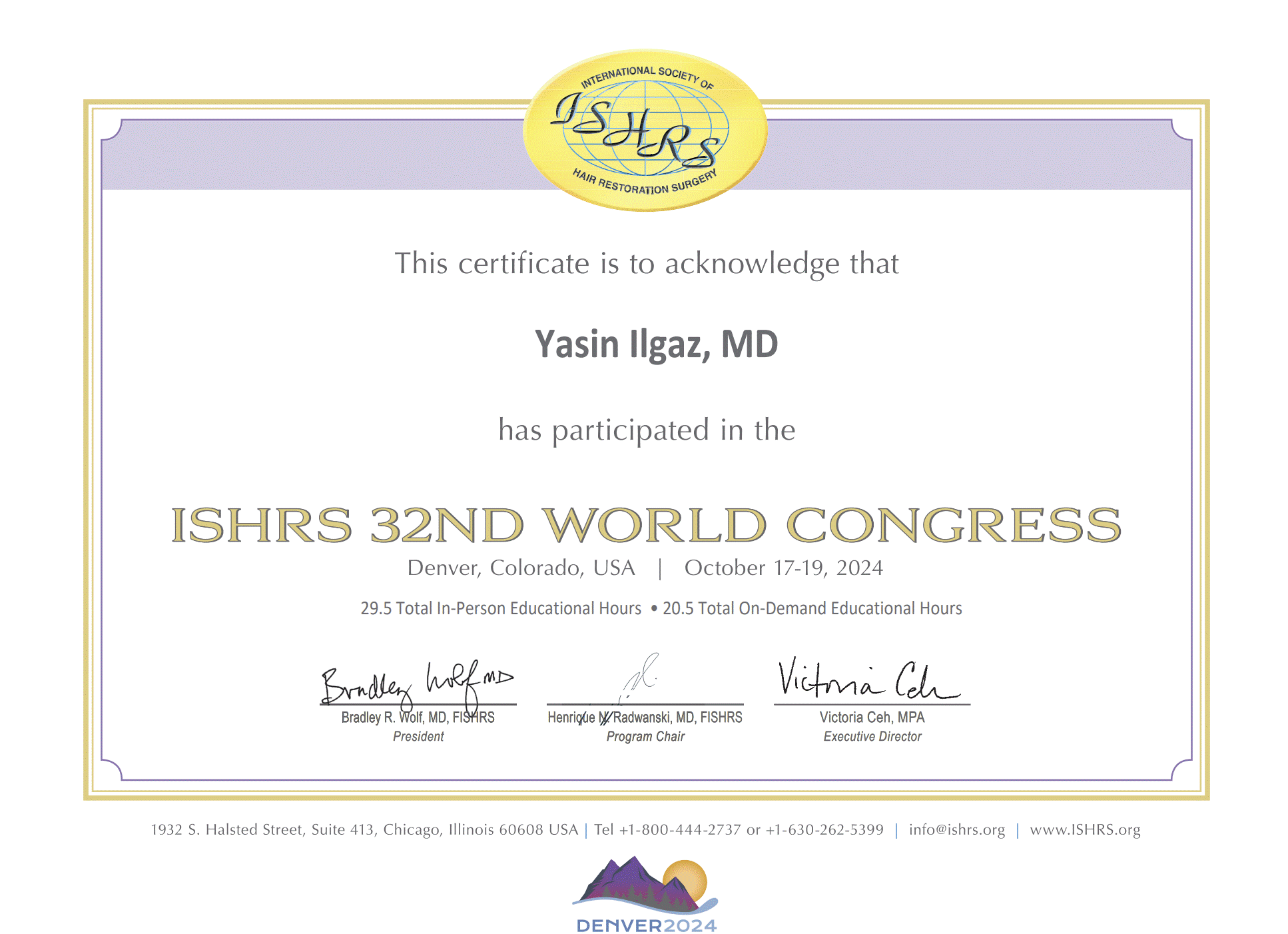 ISHRS24 Denver Certificate Attendee_Ilgaz ISHRS24 Denver Certificate Attendee_Ilgaz